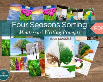 Actividad de clasificación cultural Montessori para niños, 9 páginas, tema de escritura sobre las estaciones, tarjetas imprimibles con fotos de la naturaleza, descarga digital