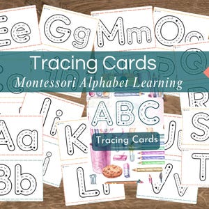 May include: A collection of white tracing cards with black outlined uppercase and lowercase letters. The cards are for Montessori alphabet learning. The words "Tracing Cards" and "Montessori Alphabet Learning" are displayed on the cards. A PDF label is visible.