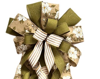 Magnolia Tan Wreath Bow, Farmhouse Magnolia Bow, Wedding Bow Cream Green, Southern cottage Bow, Traditional Bow any occasion