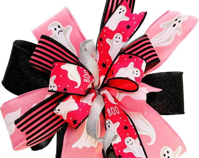 Pink Wreath Bow, Ghost Pink Bow, Fall Spooky decor, BOO Bow, Mantle Ghost pink and black, Trick or Treat Bow, Pretty Pink Halloween Bow