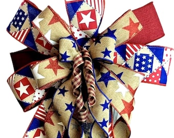 Patriotic Americana Bow, Tea Stained Rustic Stars Stripes Wreath Accent