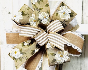 Handmade Magnolia Wreath Bow: Beige Flower, Farmhouse Decor