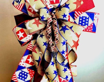 Memorial Rustic Stars and Stripes Bow, Patriotic Wreath Accent, Independence Day Ribbon, Tea Stained