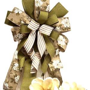 Magnolia Wreath Bow: Tan Cream Green Farmhouse Decor, Wedding Magnolia Bow