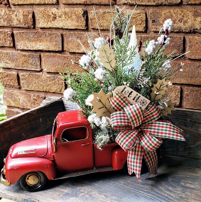 Christmas Red Truck Floral Centerpiece Table Rustic Holiday | Etsy