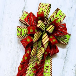 Lime green Red Bow, Christmas Holiday decor, Door Bow, Mailbox wired bow