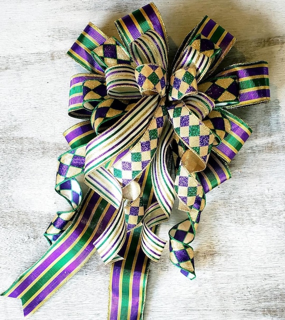 Mardi Gras Bow for Wreath, Jester Wreath bows for front door, Mardi Gras  Tree topper bow, Purple and Gold Decorative Bow for wreath, Bow for swag