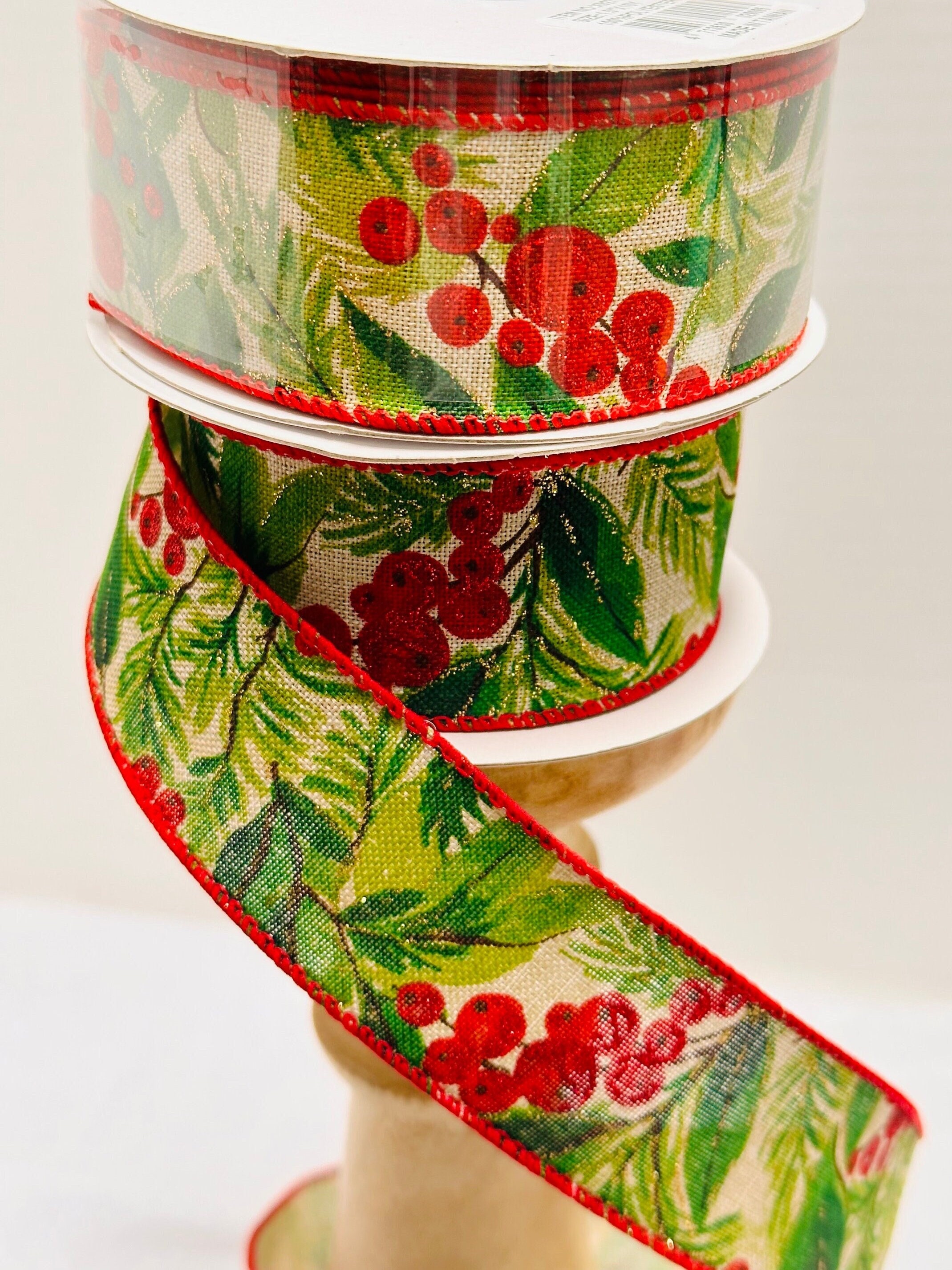 Wired Holly Wine Embroidered Ribbon, 4 Inches Wde