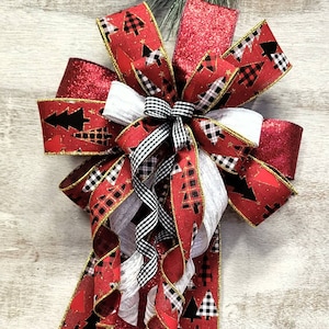 Christmas Tree Bow, Red and Buffalo check Merry Christmas decor, Christmas Wreath Bow, Mailbox Bow, Staircase railing bow, Mantle Decor