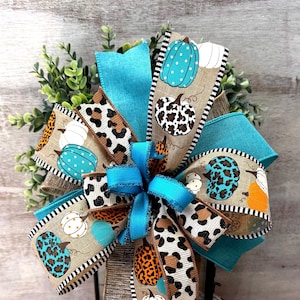 Teal Cheetah Print Fall Bow: Handcrafted Autumn Wreath Decor, Autumn Teal Pumpkins