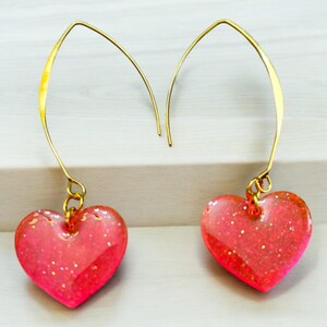 Valentine Hearts Glitter Resin Earrings, Pink Heart Dangle Earrings, Glitter Heart Earrings