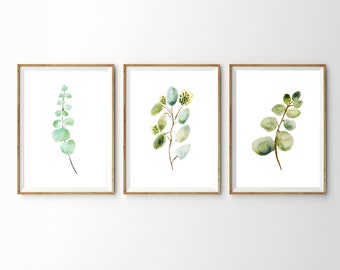 3 Eucalyptus Prints 5x7, Set of 3 Watercolor Botanical Prints, Plant Artwork, Greenery Art, Leaf Prints, Printable Eucalyptus Art