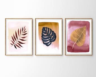 Printable Tropical Leaves Set of 3, 11x14 Watercolor Tropical Leaves, Triptych Wall Art, Fall Colors Wall Decor, Foliage Prints, Plant Art