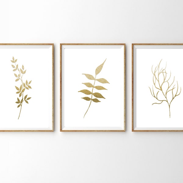 Set of 3 Gold Botanical Prints, Gold Leaf Prints, Plant Artwork, Gold Art, Leaf Prints, Printable Botanical Art