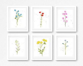 Wildflowers Print, Flower Wall Art, Botanical Print, Set Of 6 Prints, Flower Prints, Watercolor Floral Prints, Watercolor Wildflower Prints