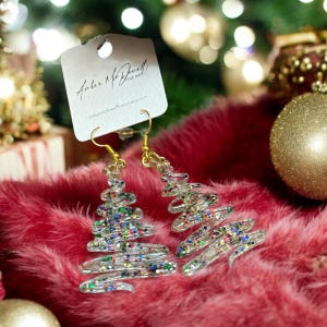 Colorful Glitter Christmas Tree Earrings, Holiday Earrings, Sparkly Christmas Tree Earrings, Resin Tree Earrings