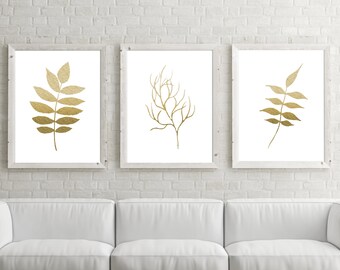 Set of 3 Prints, Plant Art Prints, Gold Wall Art, Modern Art Print, Botanical Print, Living Room Decor, Flower Art, Bedroom Print, Leaf Art