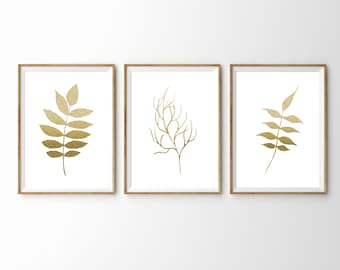 Set of 3 Gold Leaf Prints, 3 Botanical Prints, Plant Artwork, Gold Art, Leaf Prints, Printable Botanical Art