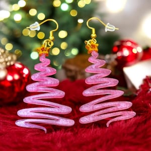 Christmas Tree Earrings, Holiday Earrings, Pink Christmas Tree Earrings, Green Christmas Tree Earrings, Resin Tree Earrings