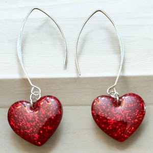 Valentine Hearts Glitter Resin Earrings, Red Heart Dangle Earrings, Glitter Heart Earrings