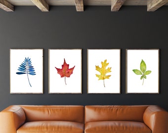 Set of 4 Fall Leaf Prints, Watercolor Leaf Prints, Botanical Wall Art, Botanical Print Set, Greenery Art, Foliage Watercolor, Autumn Leaves