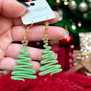Green Sparkly Christmas Tree Earrings, Holiday Earrings, Sparkly Christmas Tree Earrings, Resin Tree Earrings