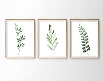 3 Botanical Prints 5x7, Set of 3 Watercolor Botanical Prints, Plant Artwork, Greenery Art, Leaf Prints, Printable Eucalyptus Art