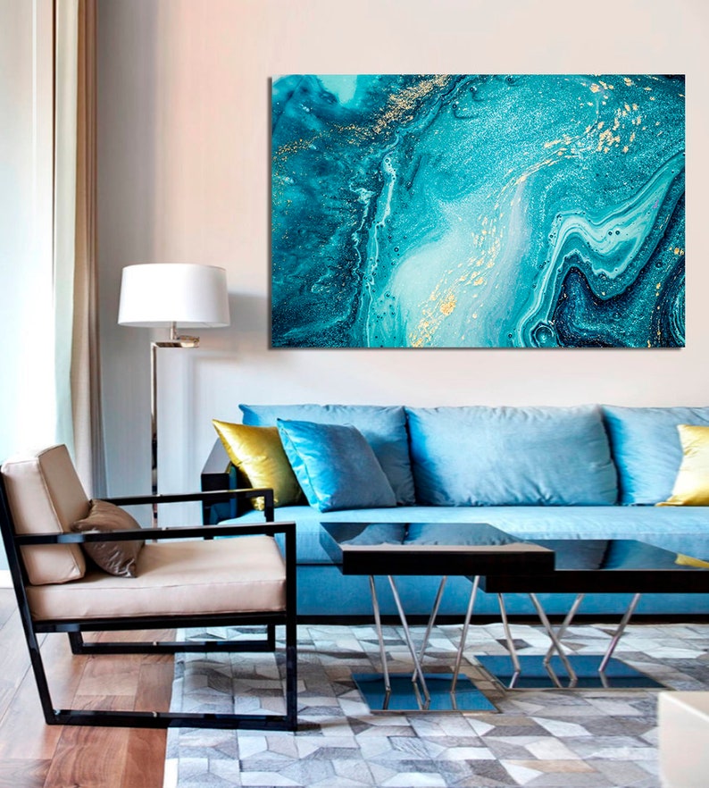 Abstract Ocean Wall Art Natural Luxury Artwork On Canvas Marble Print Blue Tones Decor Birthday Gift