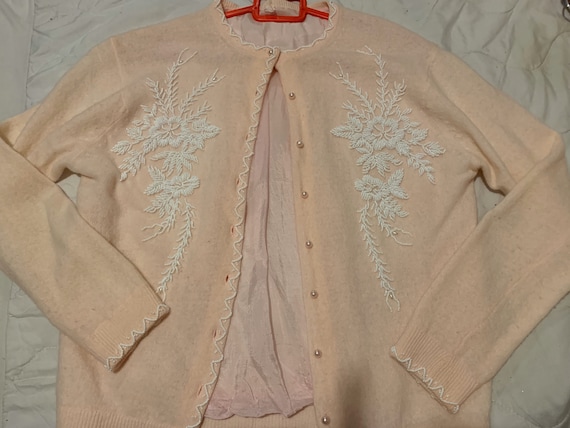 1950s angora pink beaded cardigan