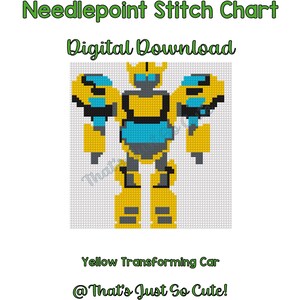 May include: Needlepoint stitch chart digital download featuring a yellow transforming car design. The design is pixelated with yellow, blue, and black colors. The text "That's Just So Cute!" is included.