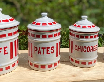 French Antique Enamel Nesting Canisters 1950s, Enamel Spice pots