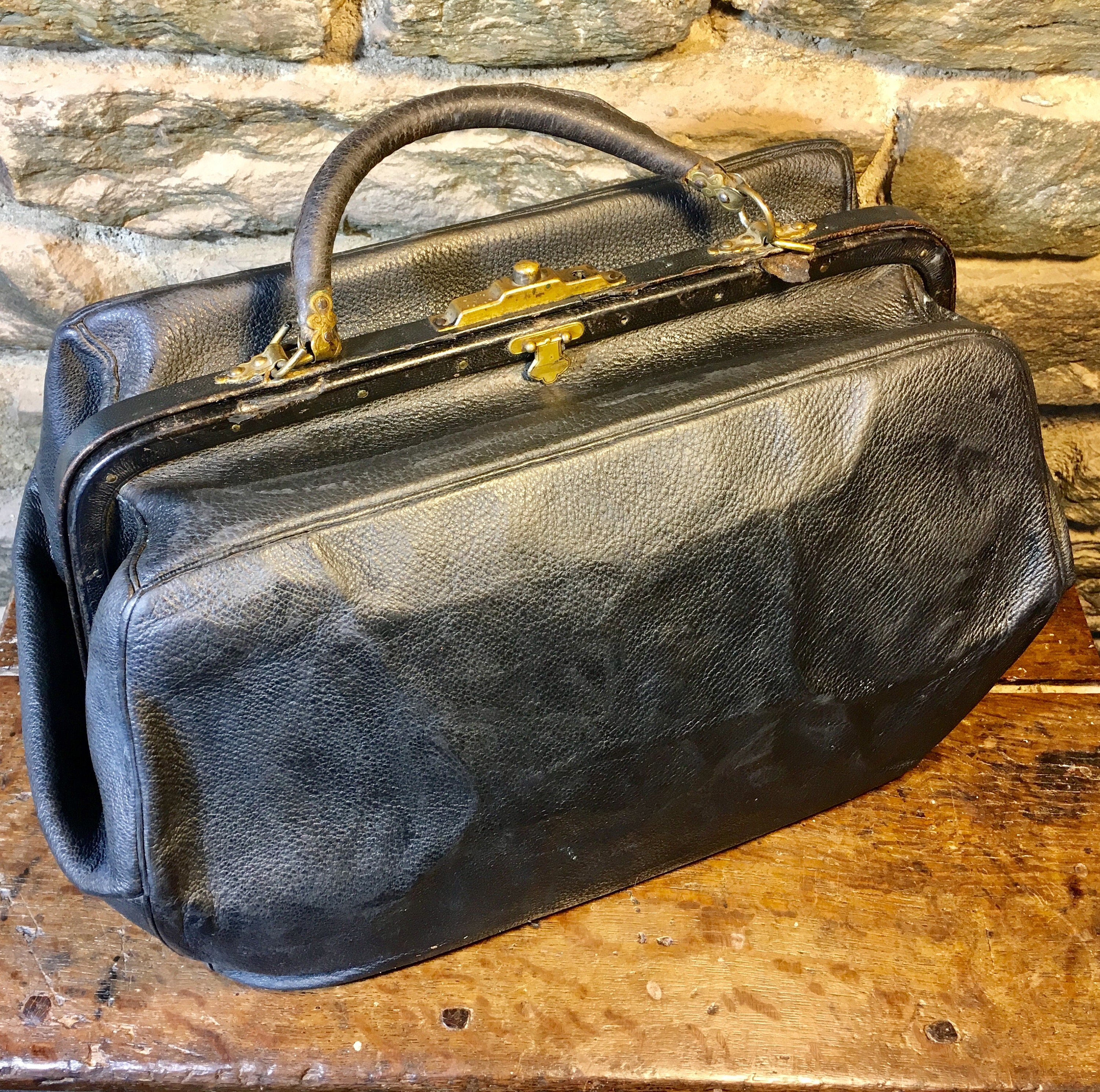 Back vintage doctors bag, Gladstone style, prop, with original bottles