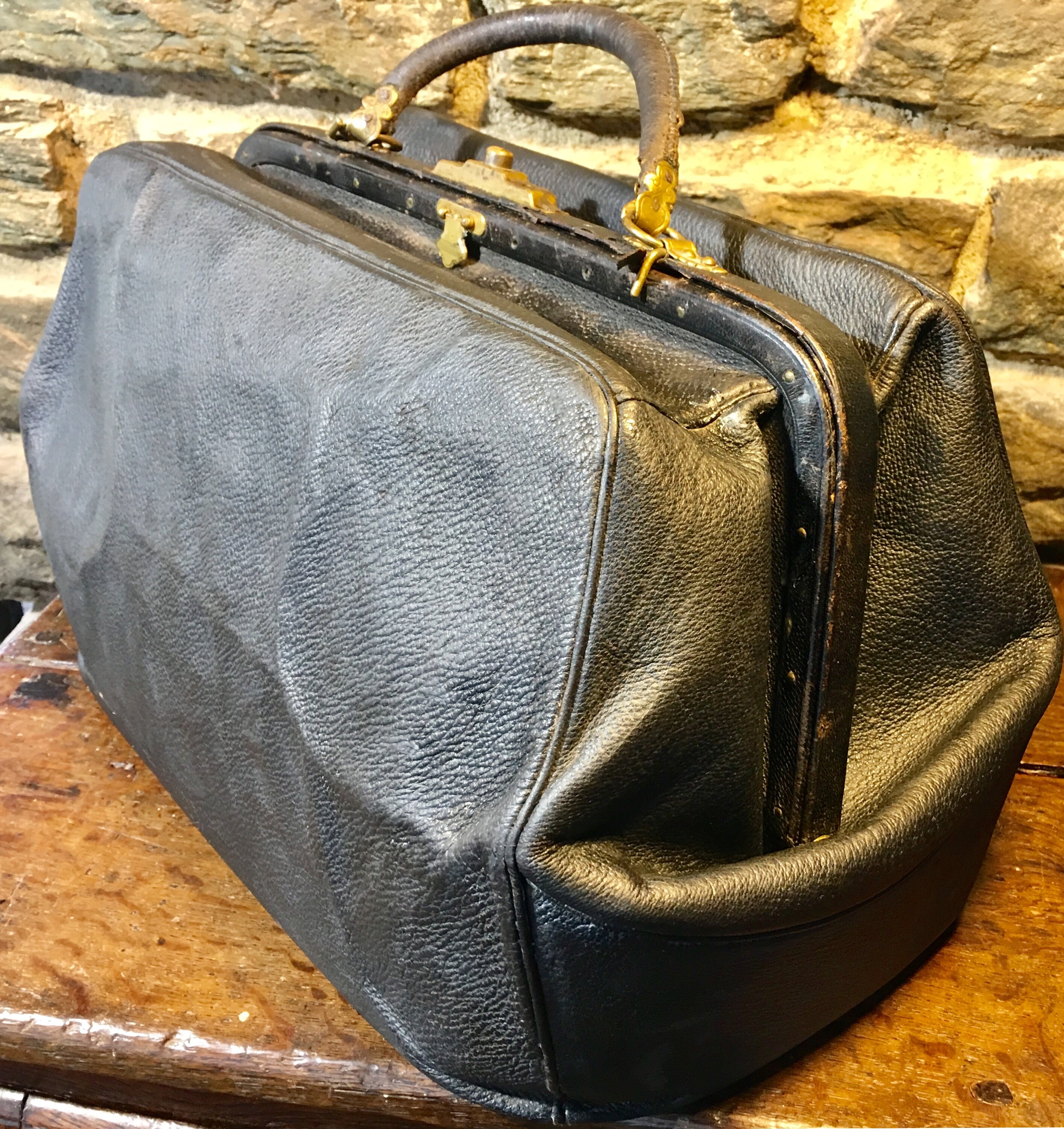 Back vintage doctors bag, Gladstone style, prop, with original bottles