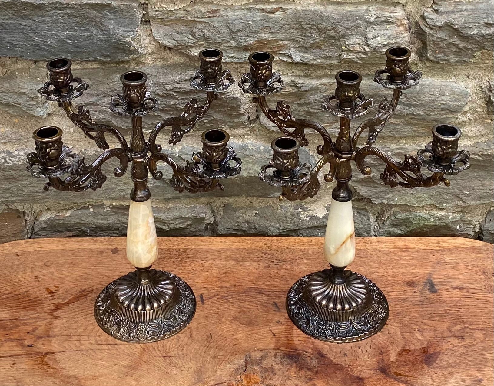 Pair Of Copper & Marble Candlesticks Holders