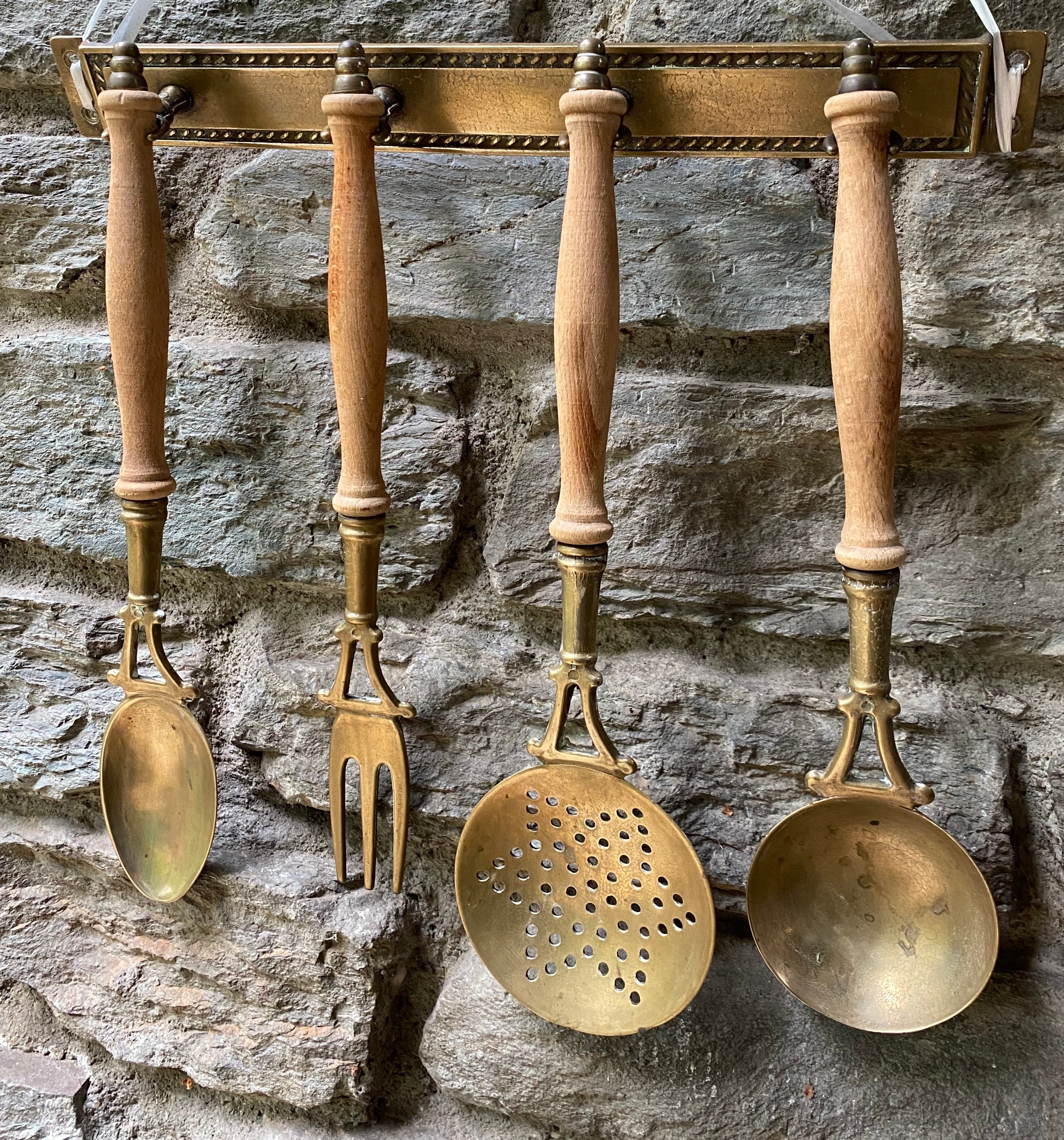 French vintage brass kitchen utensils with rail