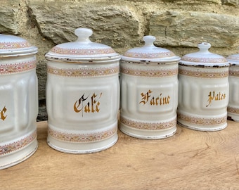 Set of 6 Enamel Nesting Canisters 1950s, Enamel Spice Pots