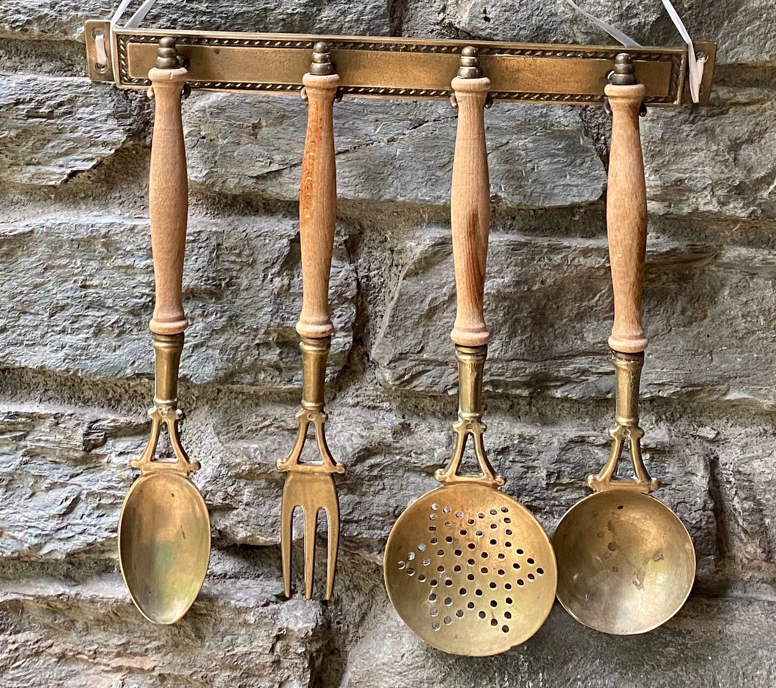 French vintage brass kitchen utensils with rail