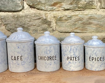 Set of 6 Enamel Nesting Canisters 1950s, Enamel Spice Pots