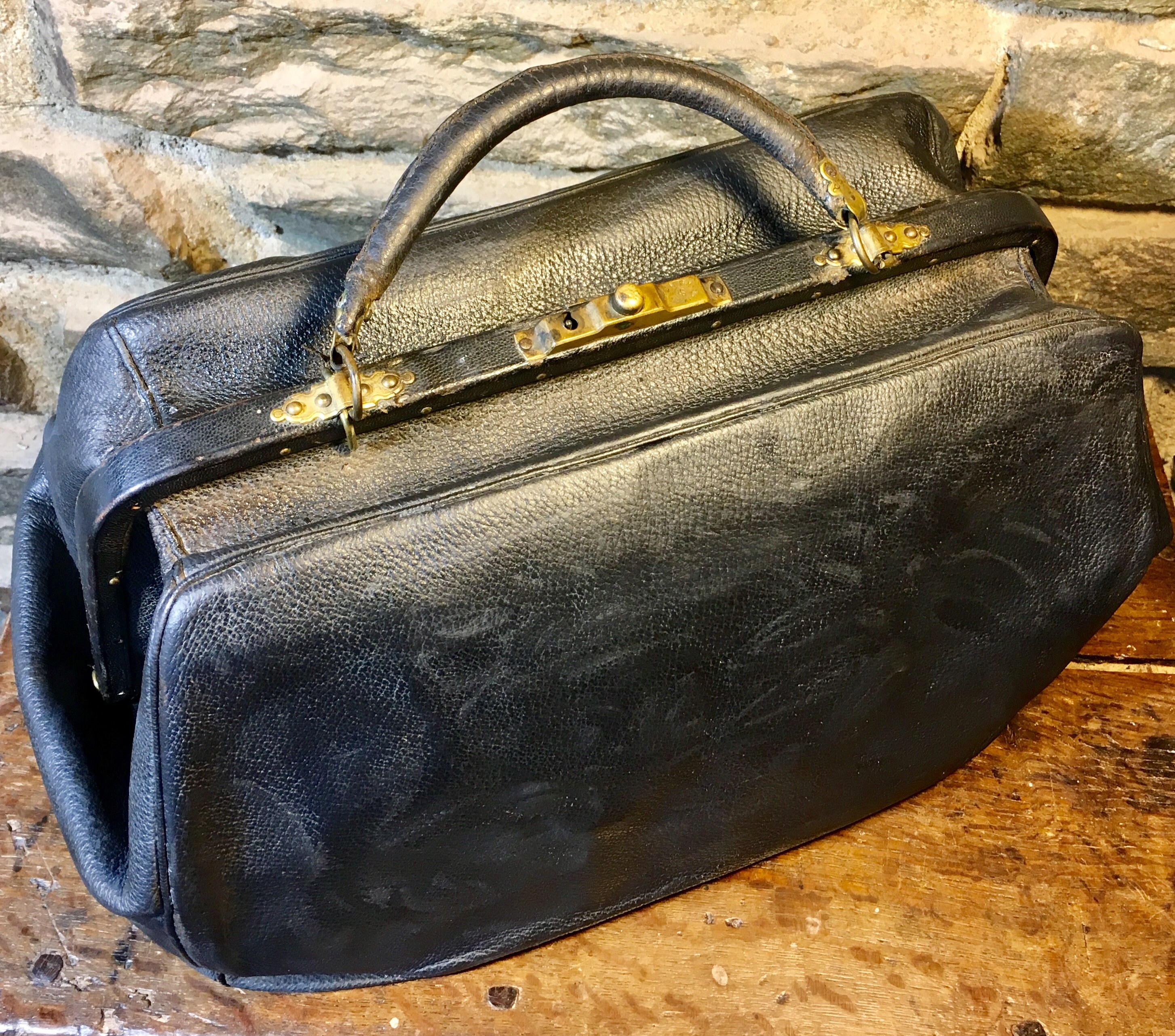 Back vintage doctors bag, Gladstone style, prop, with original bottles