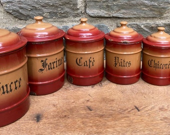 Set of 6 Enamel Nesting Canisters 1950s, Enamel Spice Pots "Saint Servais"