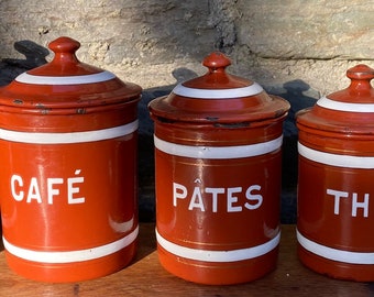 French Antique Enamel Nesting Canisters 1940s, Enamel Spice pots