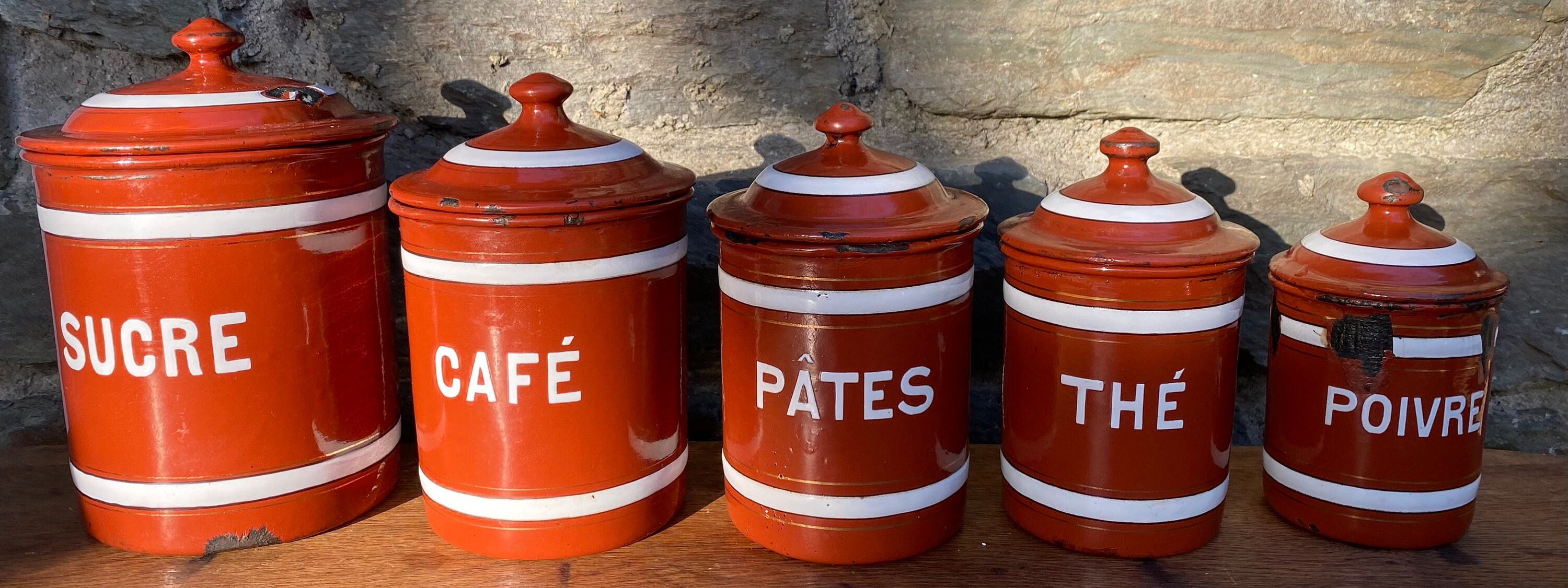 French Antique Enamel Nesting Canisters 1940S, Spice Pots