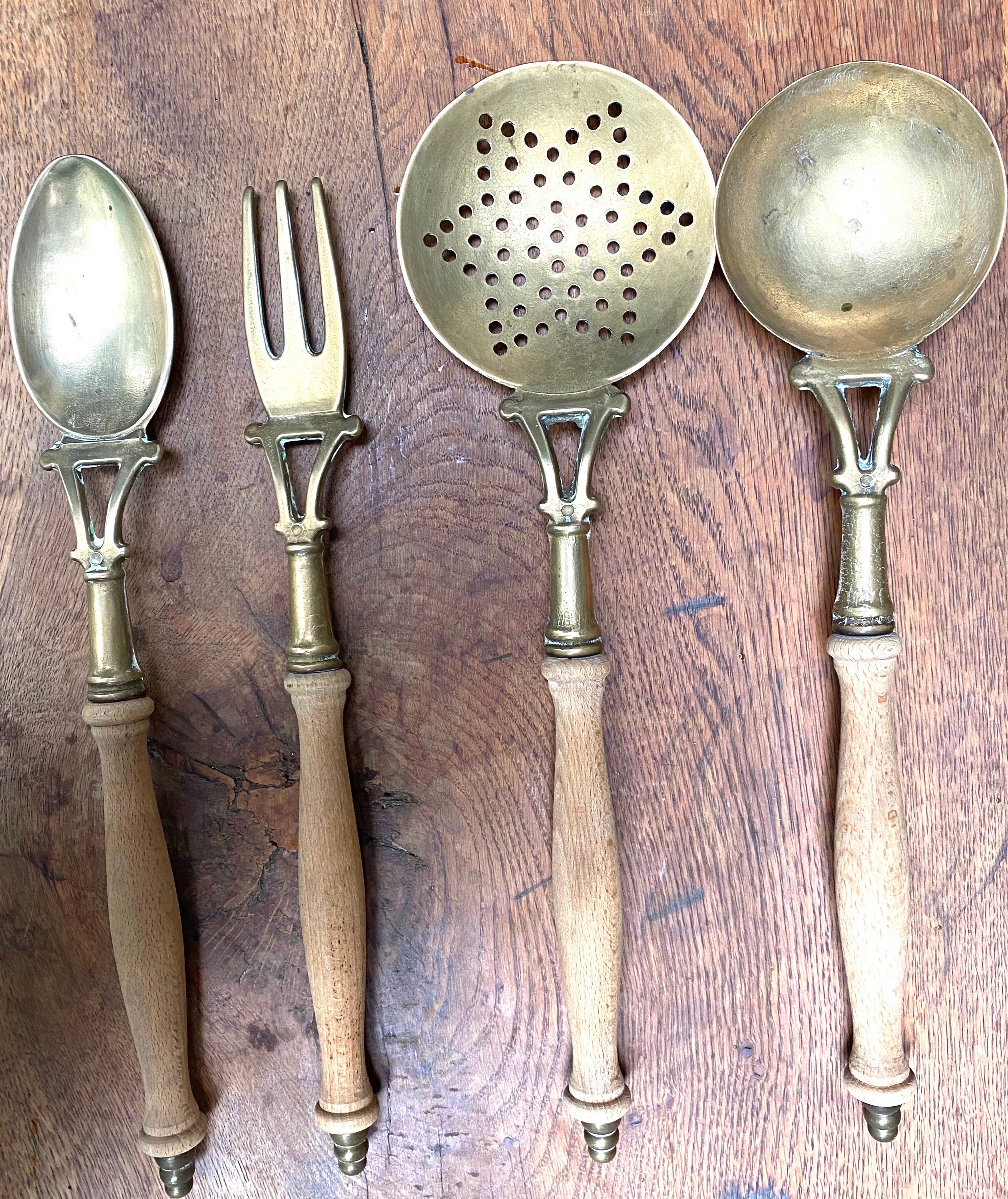 French vintage brass kitchen utensils with rail