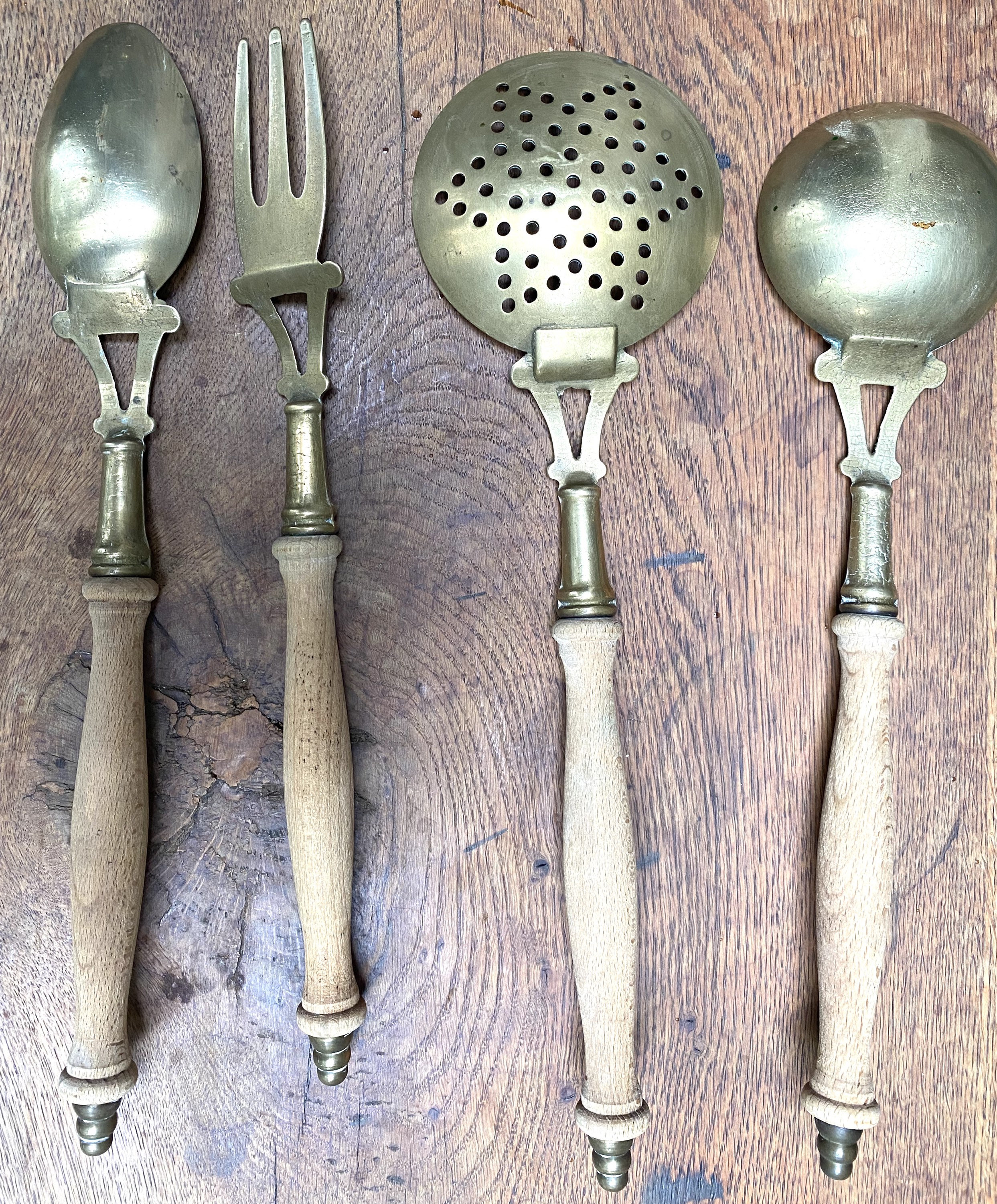 French vintage brass kitchen utensils with rail