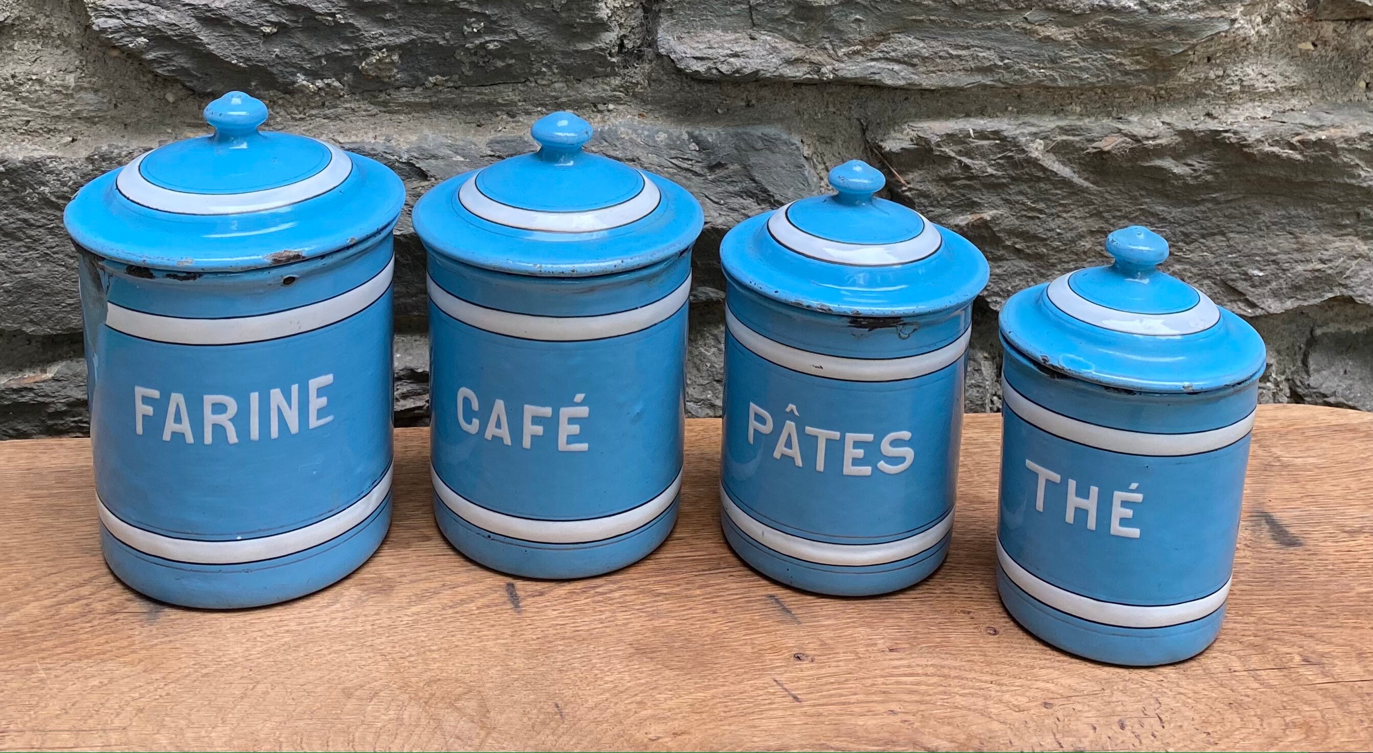 French Antique Enamel Nesting Canisters 1940S, Spice Pots