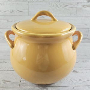 May include: A round, glossy mustard yellow ceramic pot with a matching lid. The pot features two curved side handles and a small, arched handle on top of the lid. The surface is smooth and reflective, showcasing a solid, uniform color throughout.