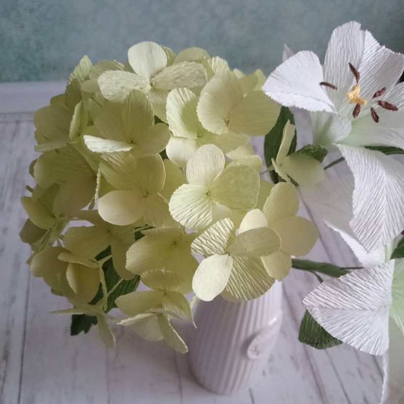 Crepe paper bouquet Green hydrangea head White lilies stem Etsy