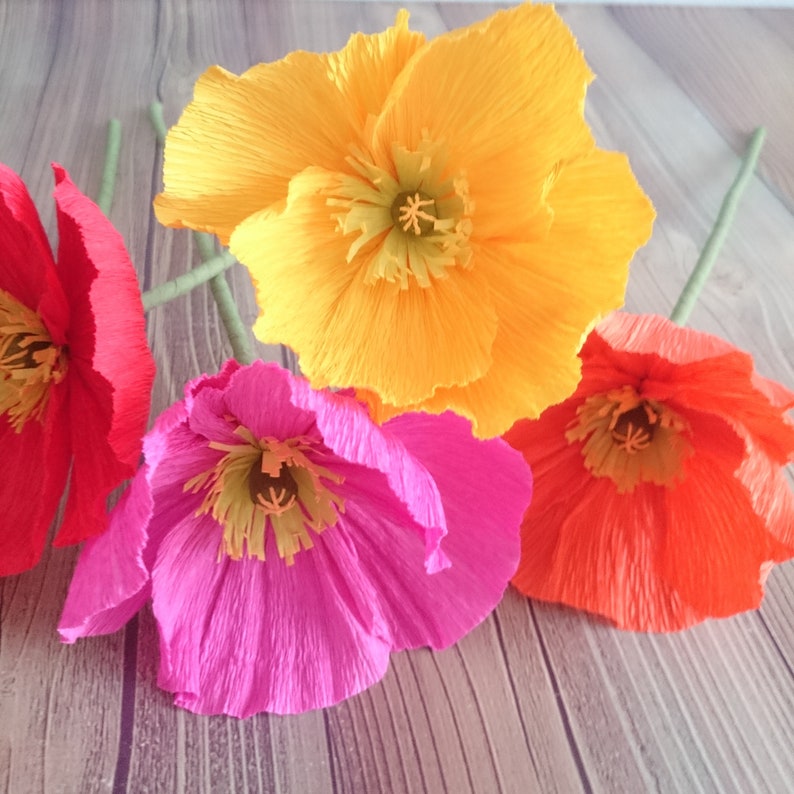 Paper poppies set Pink paper flower stem Orange fake poppy Etsy