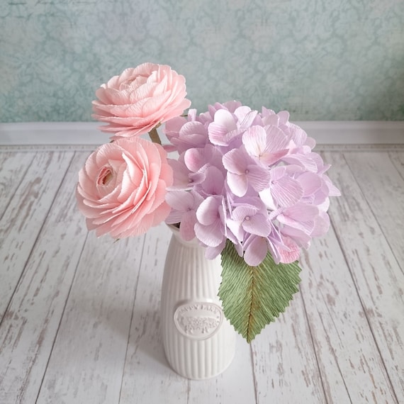 Artificial Paper Flower Arrangement Pink Ranunculus Stem Lilac Etsy