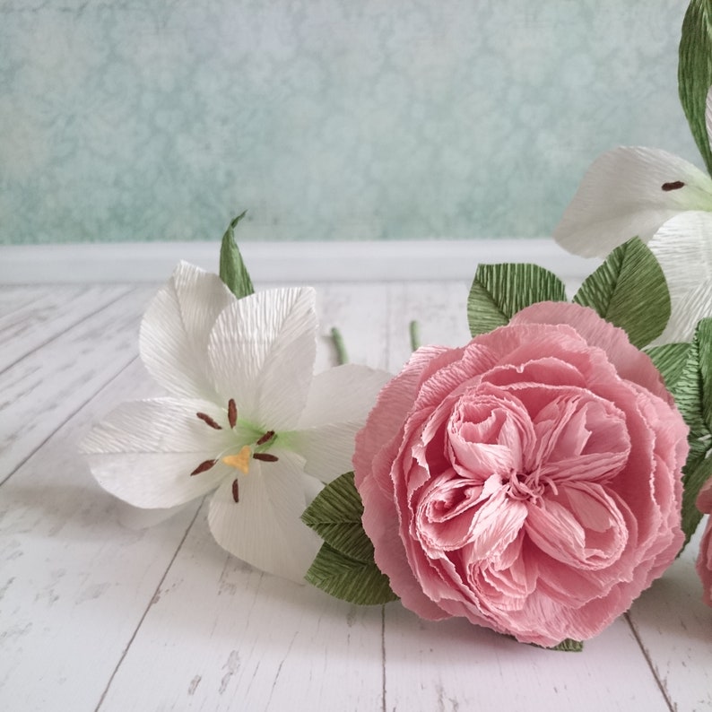 Fake Paper Flower Arrangement Artificial White Lilies Bouquet Etsy